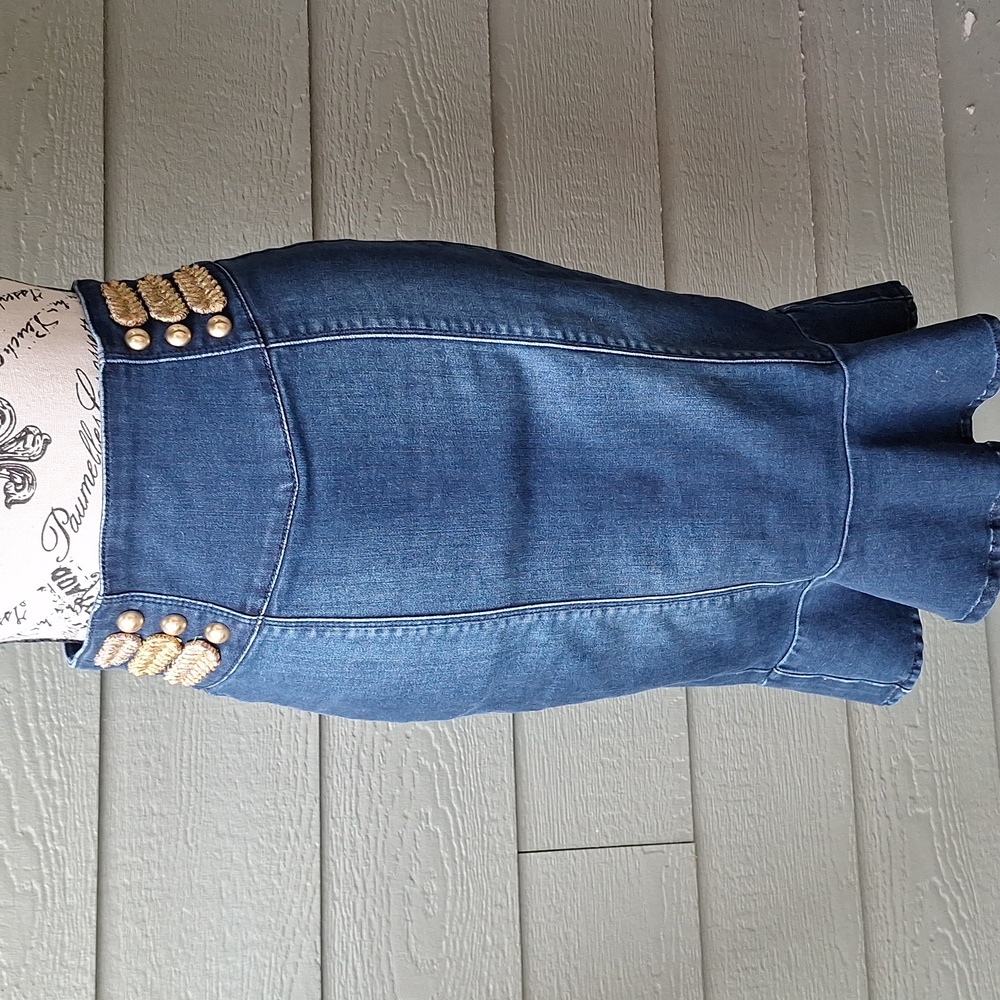 Bebe Y2k Stretch Denim Pencil Mermaid Ruffle Hem Sz 2 Nautical Military Blue